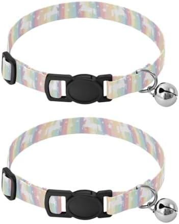 White Unicorns Pastel Rainbow Stripes Soft Cat Collar, 2 Pack Bell Collar for Small Dogs