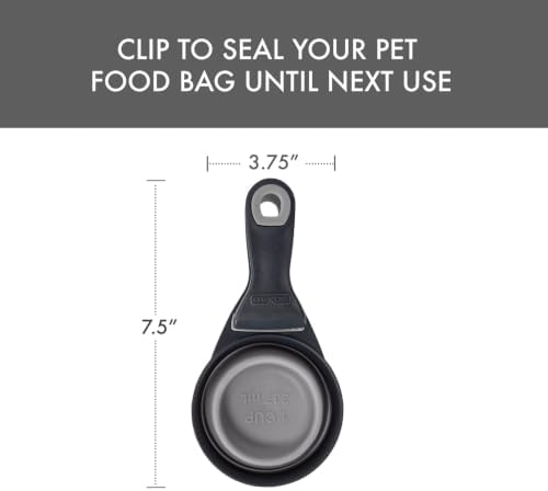 Dexas Popware for Pets Collapsible Klip Scoop, 3-in-1 Pet Food Scoop, Measuring Cup and Bag Clip, 1 Cup Capacity, Light Gray