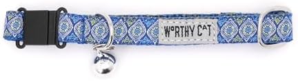 THE WORTHY DOG Graphic Pattern, Breakaway Cat Collar, with Bell, Blue