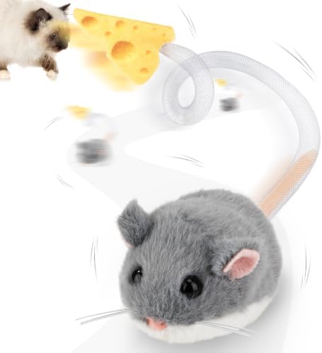 Migipaws Interactive MigiMouse Cat Toy 360° Rolling & Spin with Mesh Plastic Tail for Indoor Cats Smart Motion Sensor, Realistic Squeak, Rechargeable Plush Kitten Toy(Grey)
