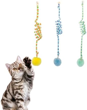 3Pcs Cat Spring Toys with Ball Hanging Kitten Toys Pets Interactive Toy Cat Ball Toys with Bell Long Tail Elastic Soft Plush Cat Toys for Indoor Kitten and Cats (yellowbluegreen, 3pcs)