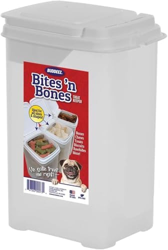Buddeez Pet Treat Container for Dogs and Cats - 3.5 Quart Flip Top Storage Bin - Bites And Bones Design - Airtight Food Holder