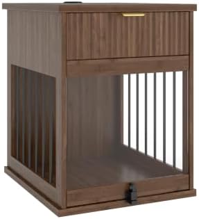 Dog Crate End Table with Charging Station, Wooden Dog Kennel Furniture with Hideaway Tempered Glass Door, Multi-Functional Pet Station Side Table with Storage Drawer (Antique Brown)