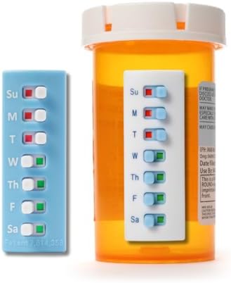 TAKE-N-SLIDE Peel and Stick Reusable for 12 + Refills, Pill/Medication/Vitamin/Pet Med Tracker & Reminder, Attach to Your Bottle, Organizer-Free, Curved‑Back, White & Blue (2-Pack, 1 Each)