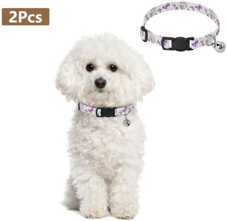 2 Pack Cats Collar Purple Butterflies Flowers Decorative Pet Collar with Bell, Adjustable Length 10.6" to 17.1"