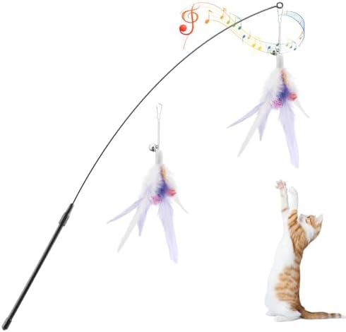 Pawaboo Cat Feather Wand Interactive Toy, 2 Feathers + 1 Wand with Bell