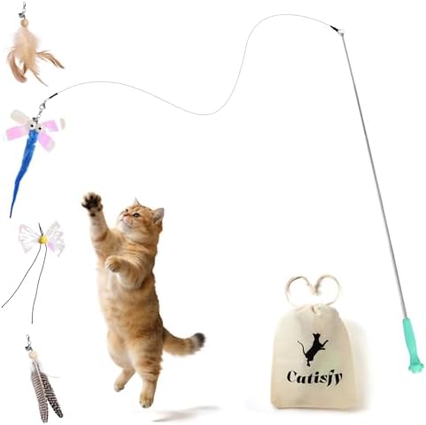 Cat Wand Toy – Retractable Wand with 4 Feather Toy Refills for Indoor Cats Enrichment, Interactive Cat Toy for Bored Adult Cats and High-Energy Kittens (HuntMaster)