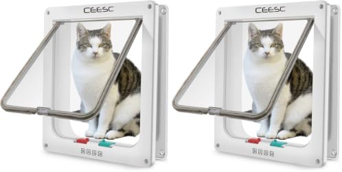 CEESC Extra Large Cat Door (Outer Size 11"x9.8"), Weatherproof, White, ABS Material, 4-Way Locking Flap for Cats & Dogs up to 25.54 lbs (Pack of 2)