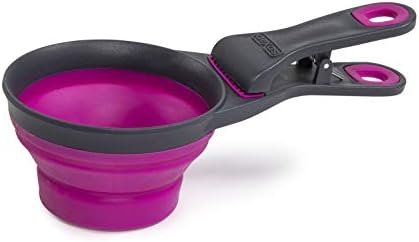 Dexas Popware for Pets Collapsible Klip Scoop, 3-in-1 Pet Food Scoop, Measuring Cup and Bag Clip, 1 Cup Capacity, Fuchsia