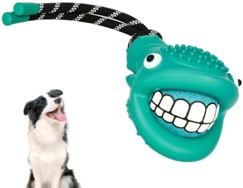Pufferfish Shape Rubber Dog Toy with Detachable Squeaky Tennis Ball & Rope, Interactive Durable Chew Toys for Dogs, Safe Non-Toxic Material, Clean Teeth Design (Green)