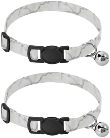 2 Pack Puppy Collar White Gray Marble Kitten Collar with Bell, Adjustable Length 10.6" to 17.1"