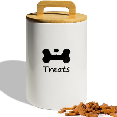 Dog Treat Container Airtight - 5 Inch Wide x 8.7 Inch White Ceramic Dog Treat Jar for Kitchen Counter, Doggie Cookie Jar with Airtight Bamboo Lid - Farmhouse Style Dog Food Storage Container