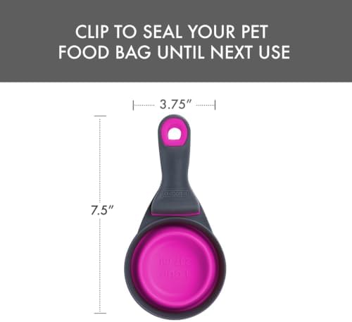 Dexas Popware for Pets Collapsible Klip Scoop, 3-in-1 Pet Food Scoop, Measuring Cup and Bag Clip, 1 Cup Capacity, Fuchsia