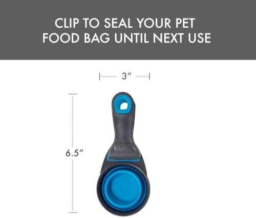 Dexas Popware for Pets Collapsible Klip Scoop, 3-in-1 Pet Food Scoop, Measuring Cup and Bag Clip, 1/2 Cup Capacity, Pro Blue
