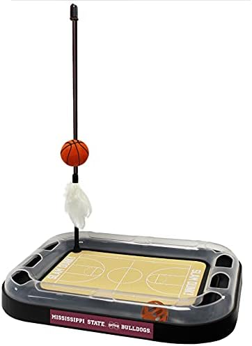 Cat Scratch Toy NCAA MISSISSIPPI STATE Bulldogs REVERSIBLE Basketball Court Felt/Cardboard Cat Scratcher Toy. Interactive Cat Ball Bell. 6-in-1 CAT TOY: Cat Wand Poll CATNIP-FILLED Plush Basketball