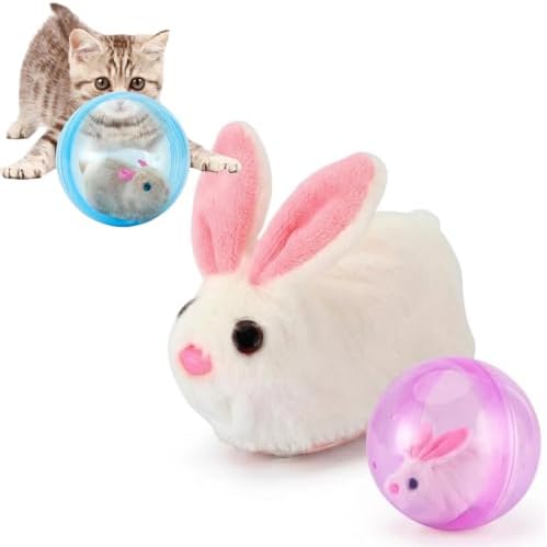 Self-Rolling Interactive Cat Ball Automatic Interactive Cat Toys for Indoor Cats 360° Rolling Smart Cat Chase Balls Toy Motion Activated Cat Enrichment Toys to Keep Them Busy (Pink Ball+White Rabbit)