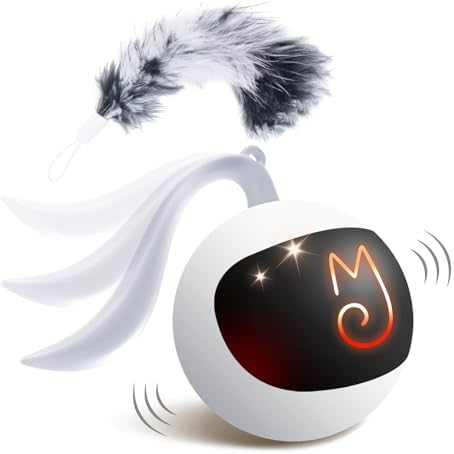 Migipaws Interactive Cat Ball Toy Set, Fun Tracker, Automatic Rolling Chase Ball with Fluffy Tail, A Small Mice, Rechargeable (White)