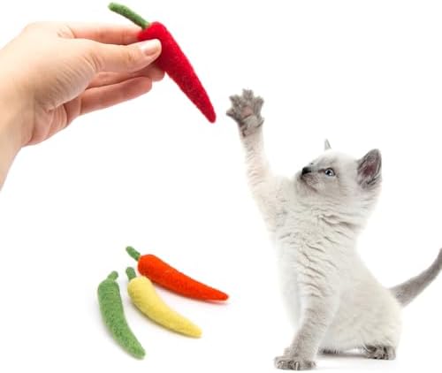 Glaciart One Cat Chili Pepper Toy – 4 Pcs | Soft Fuzzy Enrichment 100% Natural Wool - Interactive Catnip Play Cat Toy Set - Safe for Pets, Non-AZO Colored Dyes