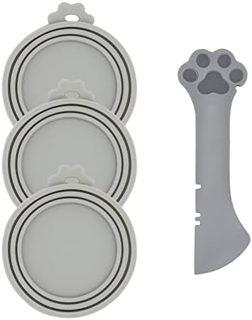 Pet Food Can Spoon & 3 Pcs Can Covers | Cute Paw Shape Opener Spatula Cat Wet Food Spoon | Universal BPA Free Silicone Lids for Dog Cat Cans(Grey)