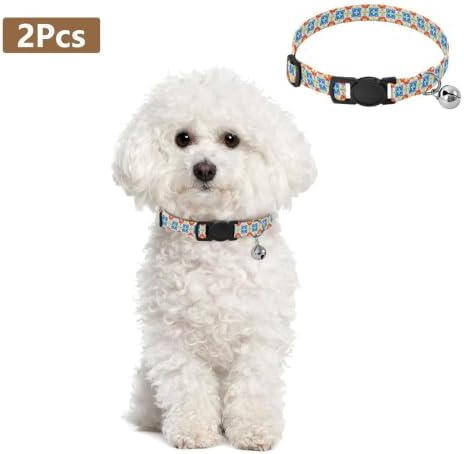 Floral Geometric Blue Collars for Puppies, 2 Pack Cat Collars with Bell
