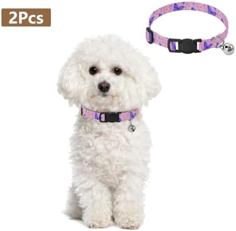 Purple Blue Butterflies Lavender Decorative Pet Collar with Bell 2 Pack Kitten Collar Adjustable Length 10.6" to 17.1"