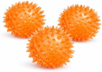 Squeaky Spiky Dog Balls for Teeth Cleaning & Gum Massage 2.5 Inch Small Medium Dogs Orange | Spiny TPR Rubber Chew Toys for Fetch Play Interactive Bouncy Dental Balls BPA Free Nontoxic Floats - 3 Pack