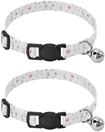 Wildflowers White Collar for Puppy, 2 Pack Breakaway Cat Collars with Bell