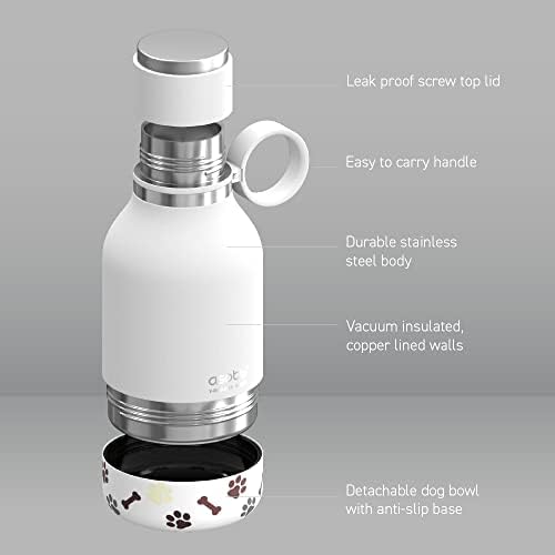 asobu Buddy Bottle, a Stainless Steel Insulated Water Bottle with Removable Dog Water Bowl and Dog Food and Treat Storage plate (White, 37 oz Water Bottle with 2 Bowls)