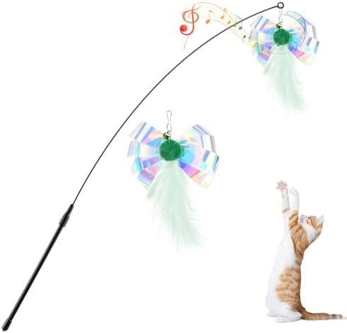 Pawaboo Cat Feather Wand Interactive Toy, 2 Feathers + 1 Wand with Bell