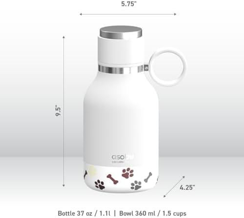 asobu Buddy Bottle, a Stainless Steel Insulated Water Bottle with Removable Dog Water Bowl and Dog Food and Treat Storage plate (White, 37 oz Water Bottle with 2 Bowls)