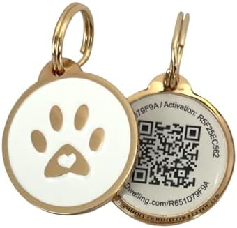 Pet Dwelling QR Pet Tag – Easy Scan Instant Location Alerts, Online Pet Profile with AI Feature for Dogs & Cats (Lux Gold White Paw)