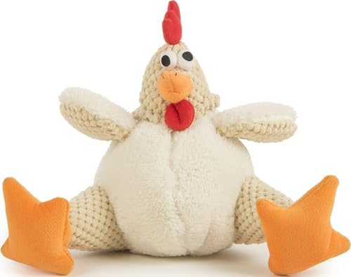 goDog Checkers Fat Rooster Squeaky Plush Dog Toy, Chew Guard Technology - White, Large