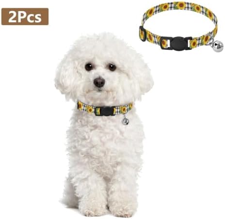 Yellow Sunflowers Green Leaf Collar for Puppy, 2 Pack Cat Bell Collar