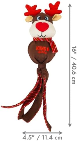KONG Holiday Wubba Dog Toy – with Long Floppy Tails, Squeaker for Tugging, Fetching & Shaking Fun (Reindeer)