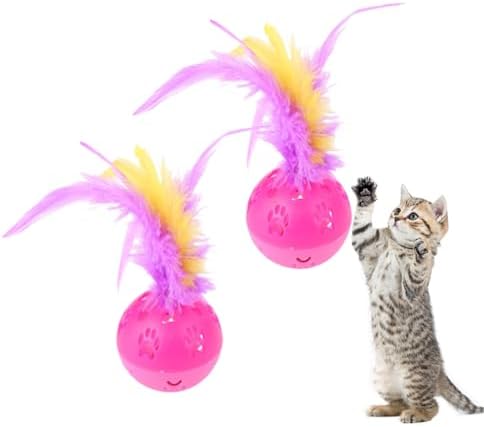 BeeSpring Cat Balls Interactive Cat Toy Feather Balls with Loud Bell Inside (2Pcs Red)