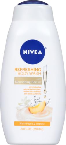 NIVEA Refreshing White Peach and Jasmine Body Wash with Nourishing Serum, Scented Body Wash for Women, Enriched with Provitamin B5 and Vitamin E, 20 Fl Oz Bottle, (Pack of 2)
