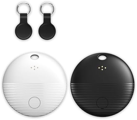 2-Pack Bluetooth Tracker Tags Black & White for Android, Works with Google Find Hub — Key Finder with 105dB Loud Alarm, Ultra Thin, 2 Silicone Keyring Cases & 2 Extra CR2032 Batteries Included