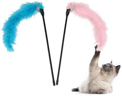 Hypeety Interactive Cat Toys Feather Wand Teaser Cat Wand Feather Rod with Bells for Indoor Cat Kitten Fun Interactive Toys 2pcs (Random Color)