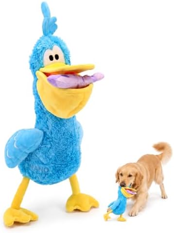 Squeaky Dog Plush Chew Toy Set, Interactive Tug Squeaky Toy for Chewers, Medium&Large Dogs&Fetch Play, 20.5 in Stuffed Bird with Bonus Fish Toy&Treat Storage Beak for Gentle Gum Care & Boredom Relief
