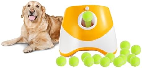 Dog Ball Launcher – Automatic Dog Ball Thrower for Small and Medium Dogs, Interactive Pet Toy with 6 Mini Tennis Balls & Adjustable Launch Distance, Indoor & Outdoor Play