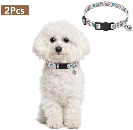 2 Pack Dog Collar Colorful Skulls Floral Flowers White Cat Collar with Bell, Adjustable 10.6 to 17.1 Inches