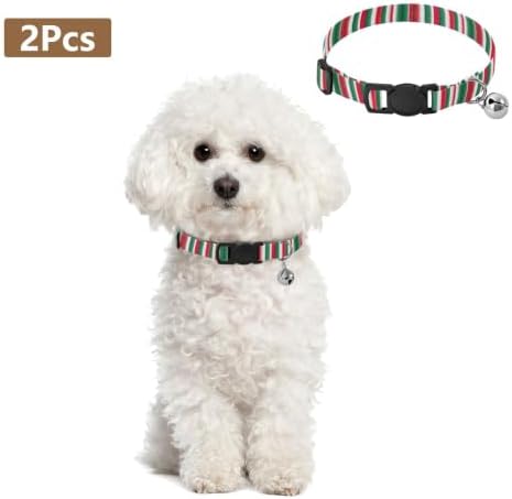 Vertical Stripes Green Soft Polyester Pet Collar, 2 Pack Breakaway Cat Collars with Bell
