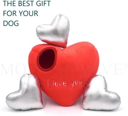 MODERN WAVE - Squeaky Plush Dog Toy - Interactive Hide and Seek Squirrel Type Puzzle Toy for Dogs, Small - Medium Size (Red Heart and Silver Hearts)