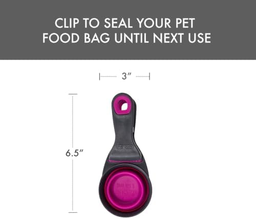 Dexas Popware for Pets Collapsible Klip Scoop, 3-in-1 Pet Food Scoop, Measuring Cup and Bag Clip, 1/2 Cup Capacity, Fuchsia
