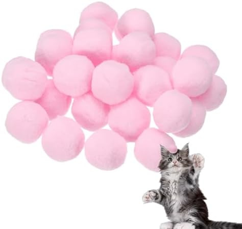 Cat Toy Pom Ball, Interactive Cat Ball Toys Fuzzy Pompoms (Plush, 1.2Inch, 30Pcs, Light Pink) for Kittens Pet Enrichment Training Play Indoor