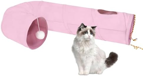 Cat Tunnel, 2-Way Collapsible Cat Tube with Interactive Peek-A-Boo Hole, Toy Ball, and Rope – Ideal for Indoor Cats, Kittens, and Rabbits (Pink)