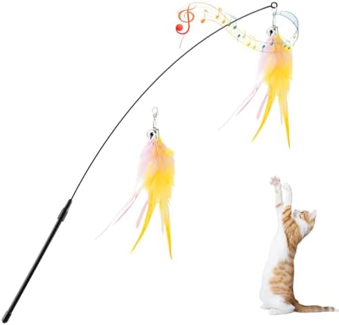 Pawaboo Cat Feather Wand Interactive Toy, 2 Feathers + 1 Wand with Bell