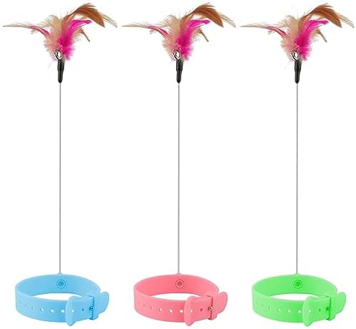 KALAMANDA Cat Collar Toy, 3 Pcs Cat Feather Toy with Neck Collar, Interactive Self Playing Toys with Bell for Indoor Kittens Small Animals(Pink/Blue/Green)