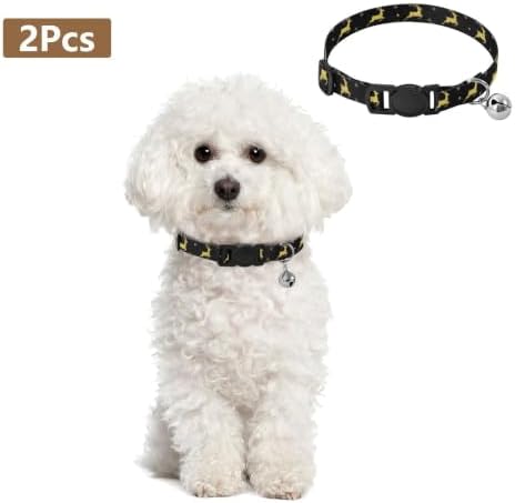 Golden Christmas Reindeer Black Small Dog Collar 2 Pack Collars for Puppies Adjustable Length 10.6" to 17.1"