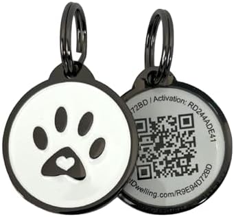 Pet Dwelling QR Pet Tag – Easy Scan Instant Location Alerts, Online Pet Profile with AI Feature for Dogs & Cats (Lux White Paw)